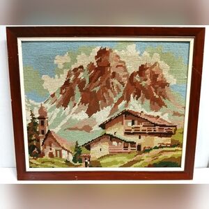 Vintage Framed Mountain Needlepoint Art